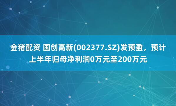 金猪配资 国创高新(002377.SZ)发预盈，预计上半年归母净利润0万元至200万元